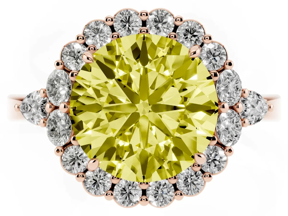 Fancy Yellow Round Cut Diamond Halo Ring with Pear Side Stones and Prong Setting Rose gold