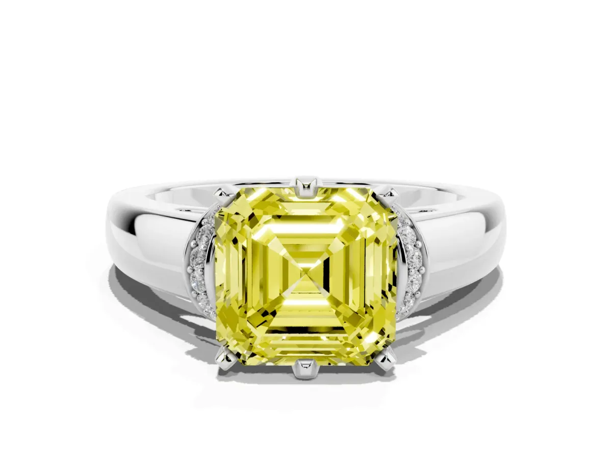 Fancy Yellow Asscher Cut Solitaire Diamond Ring with Pave Band and Six-Prong Setting Platinum