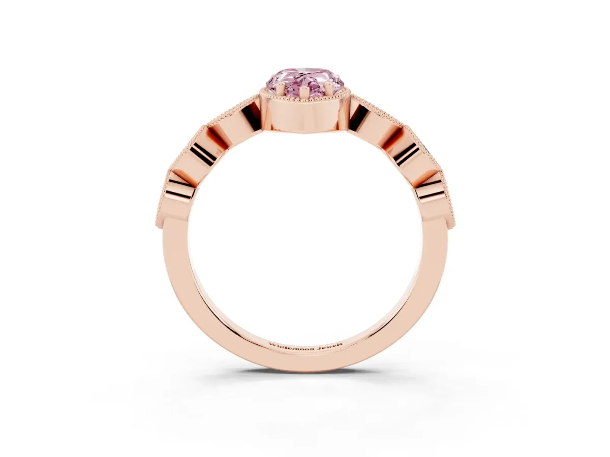 Fancy Pink Pear Cut Diamond Vintage Milgrain Ring with Round Stations Rose gold