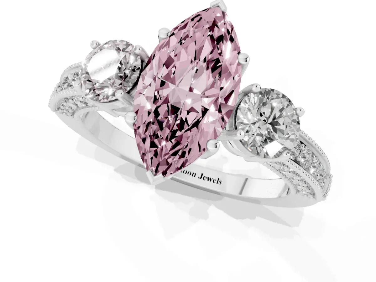 Fancy Pink Marquise Cut Three-Stone Diamond Ring with Pavé Band and Four-Prong Setting Silver