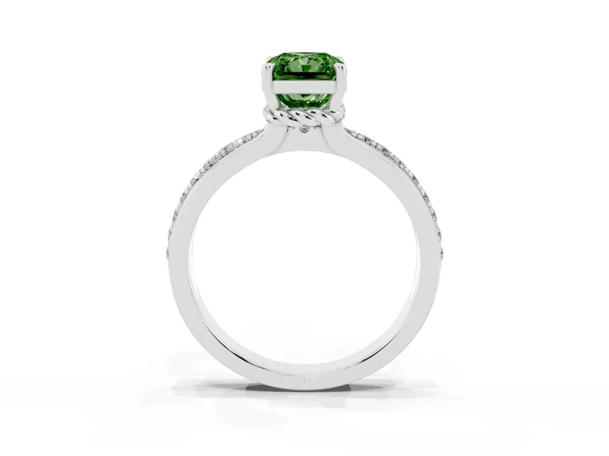 Fancy Green Radiant Cut Solitaire Diamond Ring with Channel Set Band and Six-Prong Setting Silver