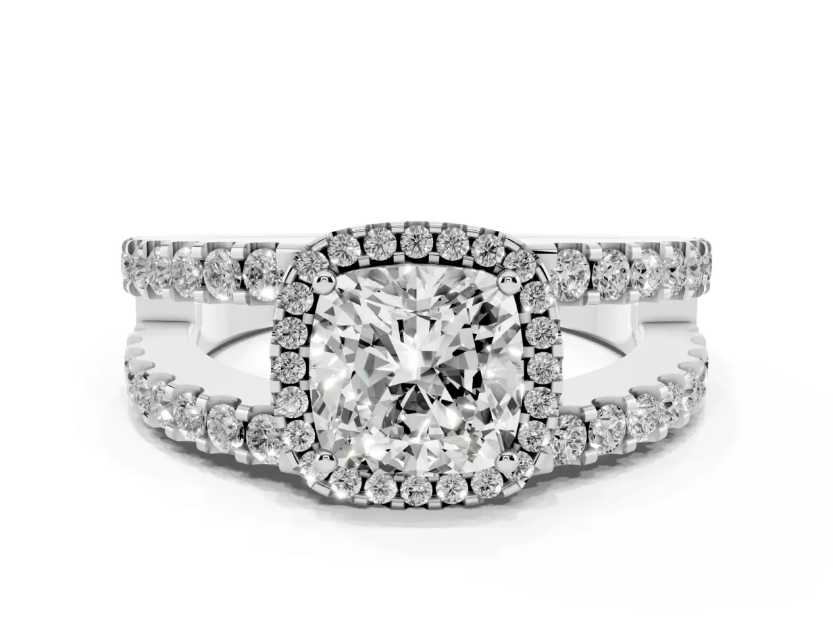 Cushion Cut Cut Halo Split Shank Diamond Ring with Four-Prong Setting White gold