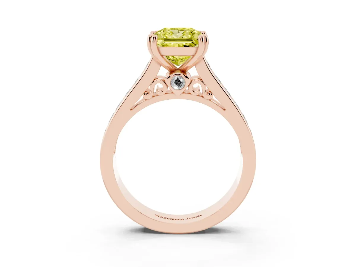 Fancy Yellow Princess Cut Cut Channel Set Solitaire Engagement Ring with Prong Setting Rose gold