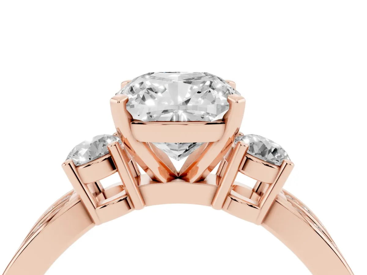 Three-Stone Cushion Cut Cut Diamond Twist Band with Prong Setting Rose gold