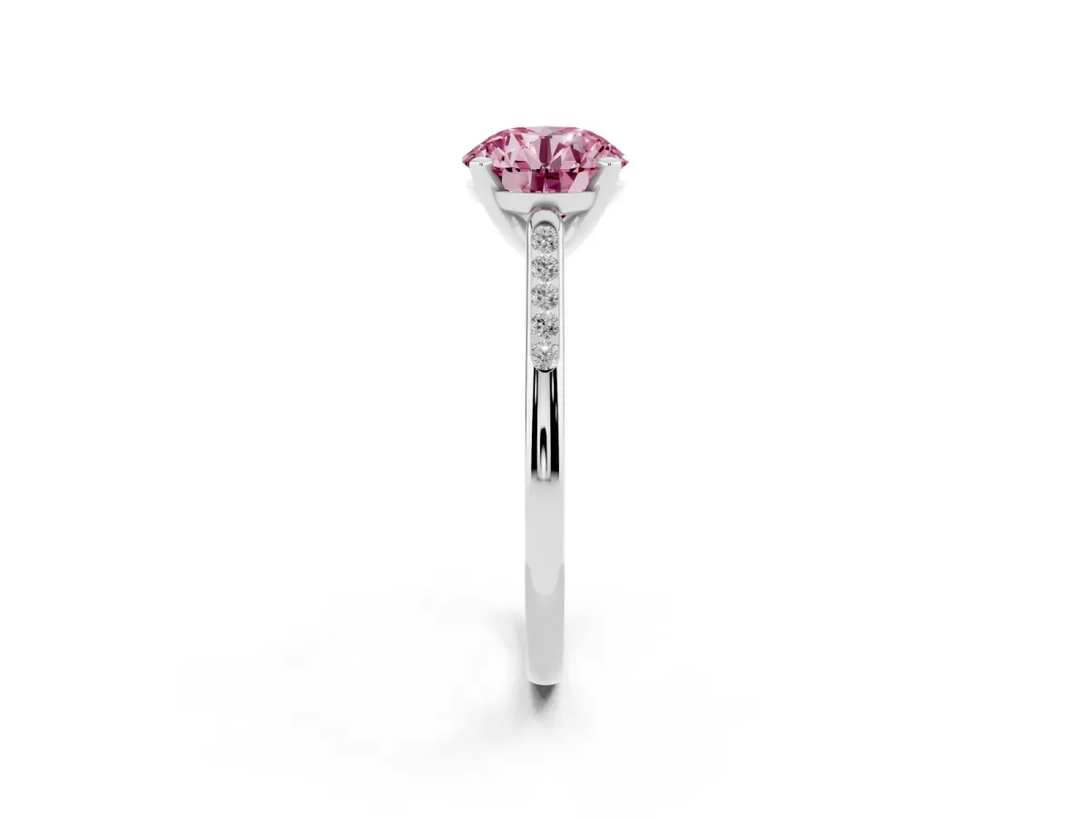 Fancy Pink Round Cut Diamond Solitaire Ring with Channel Set Round Band and Prong Setting Silver