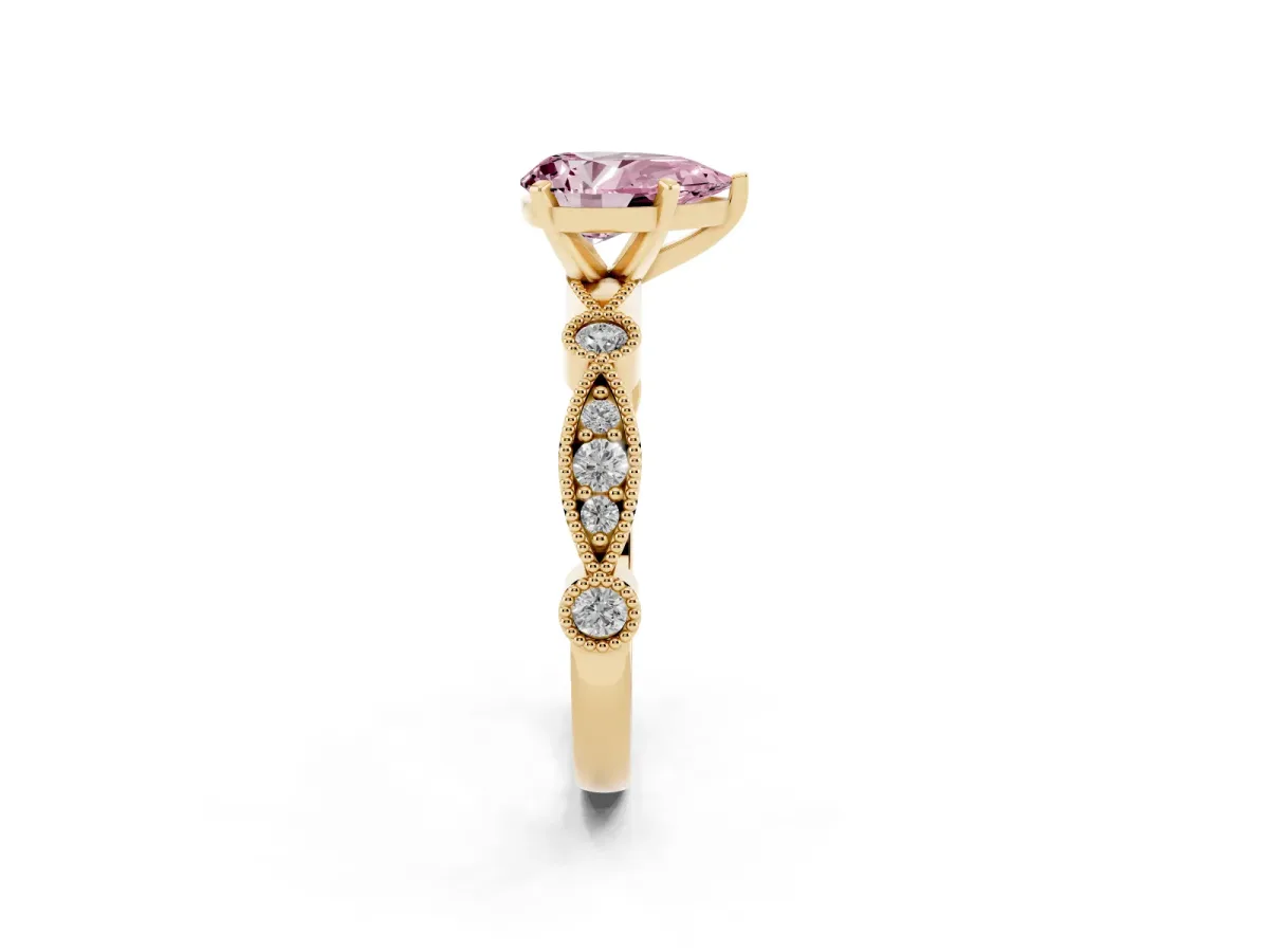 Fancy Pink Pear Cut Milgrain Bezel Diamond Engagement Ring with Solitaire Prong Setting Yellow gold
