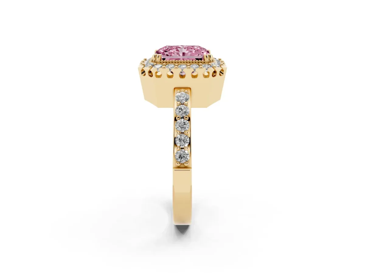 Fancy Pink Radiant Cut Diamond Halo Ring with Pavé Band and Prong Setting Yellow gold