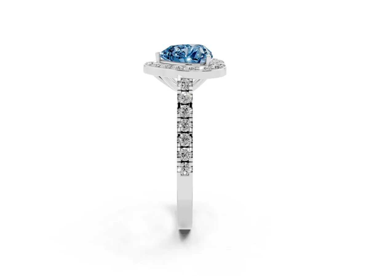Fancy Blue Heart Cut Diamond Halo Ring with Round Pavé Split Shank and Prong Setting Silver