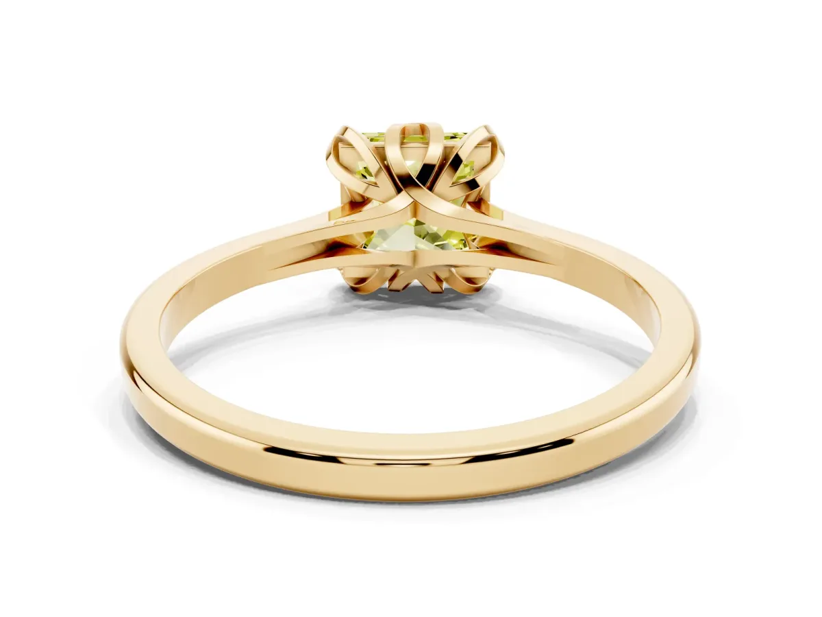Fancy Yellow Princess Cut Diamond Solitaire Ring with Flower Prong Setting and Classic Band Yellow gold