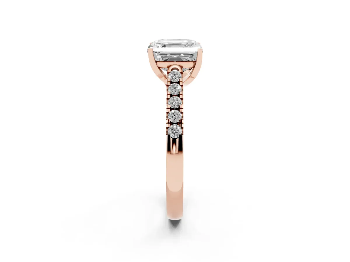 Asscher Cut Diamond Pavé Band Solitaire Ring with Prong Setting Rose gold