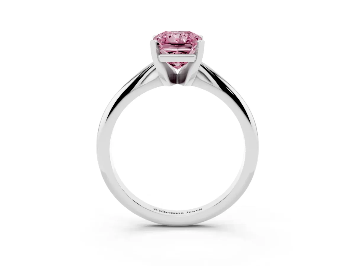 Fancy Pink Radiant Cut Cut Solitaire Ring with Four-Prong Setting on a Classic Band Silver