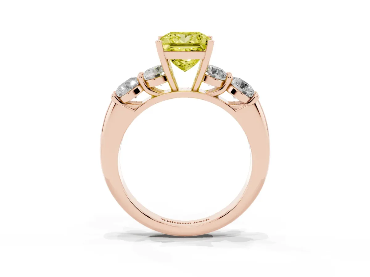 Fancy Yellow Princess Cut Cut Five-Stone Prong Set Diamond Ring with Classic Band Rose gold
