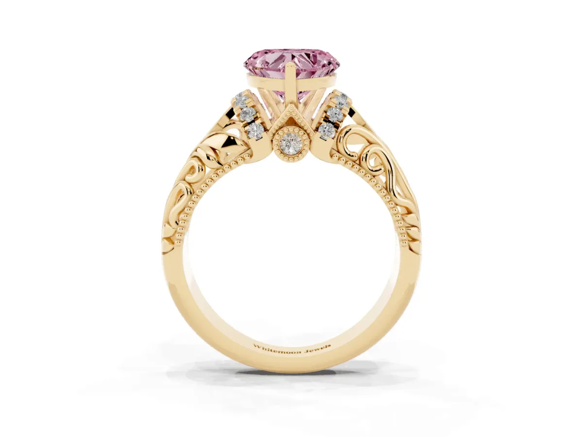 Fancy Pink Heart Cut Solitaire Filigree Engagement Ring with Halo and Prong Setting Yellow gold