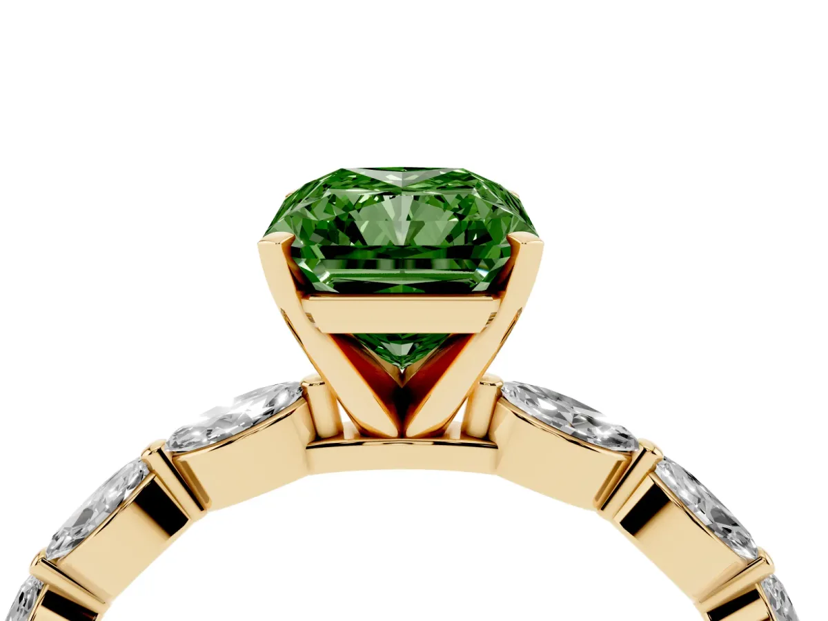 Fancy Green Radiant Cut Diamond Ring with Marquise Side Stones and Prong Setting Yellow gold