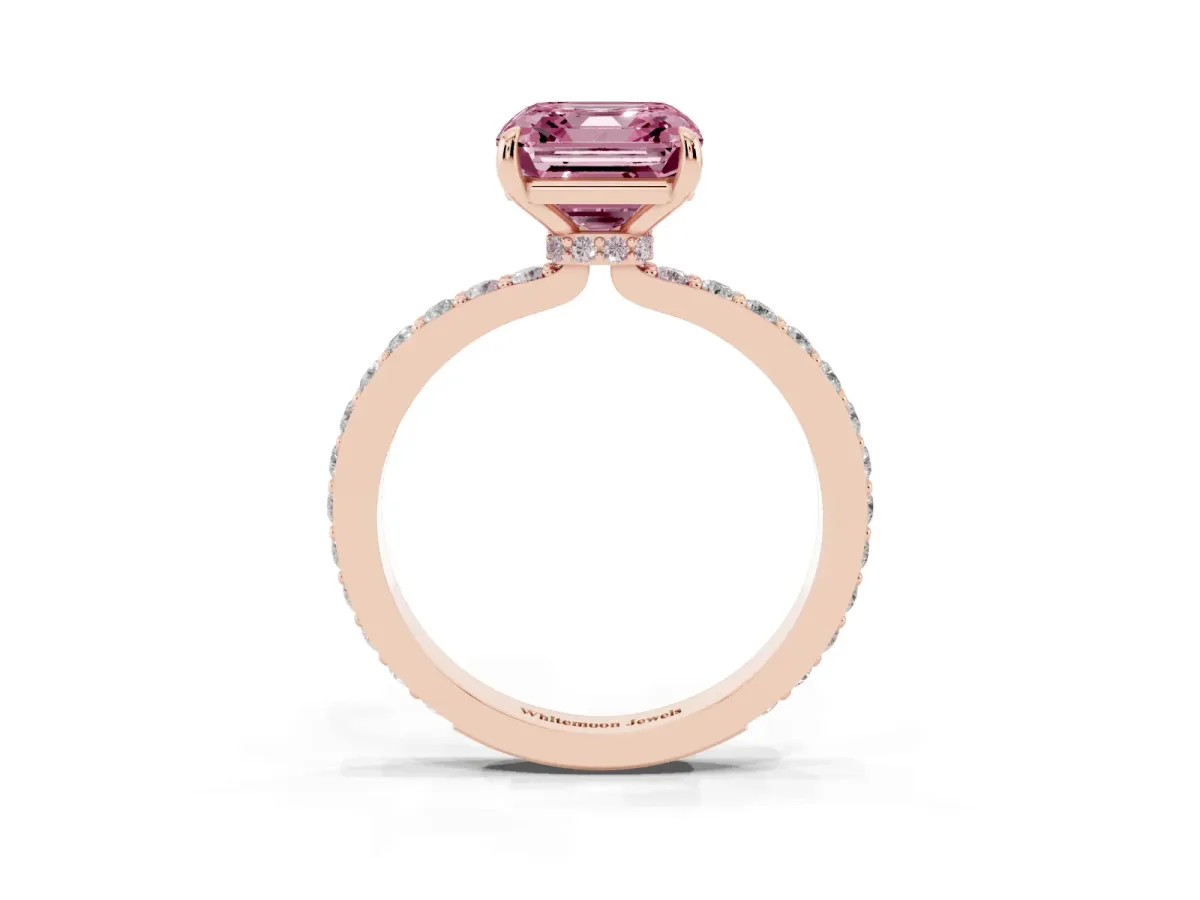 Fancy Pink Asscher Cut Diamond Pavé Engagement Ring with Round Accents and Prong Setting Rose gold