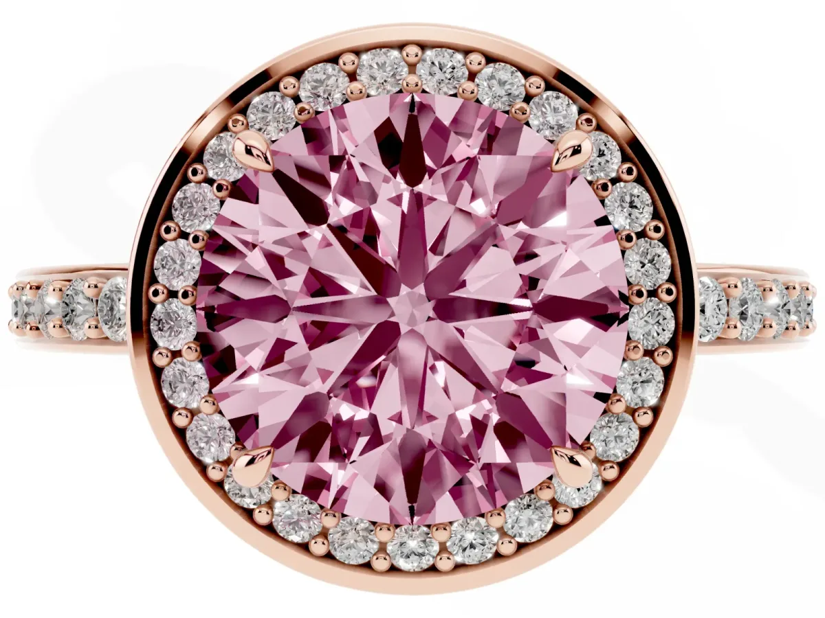 Fancy Pink Round Cut Halo Pave Band Solitaire Ring with Prong Setting Rose gold