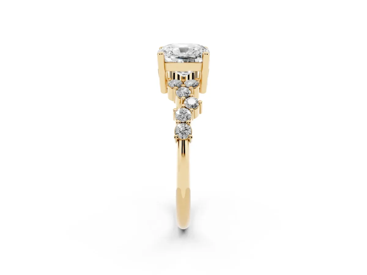 Cushion Cut Diamond Scattered Round Accent Ring with Prong Setting Yellow gold