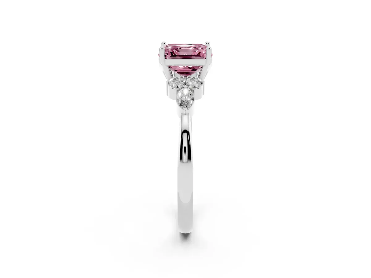 Fancy Pink Asscher Cut Brilliant Diamond Solitaire Ring with Pear Side Stones and Four-Prong Setting Platinum