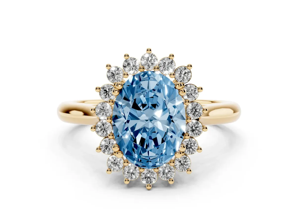 Fancy Blue Oval Cut Cut Diamond Halo Ring with Solitaire Band and Prong Setting Yellow gold