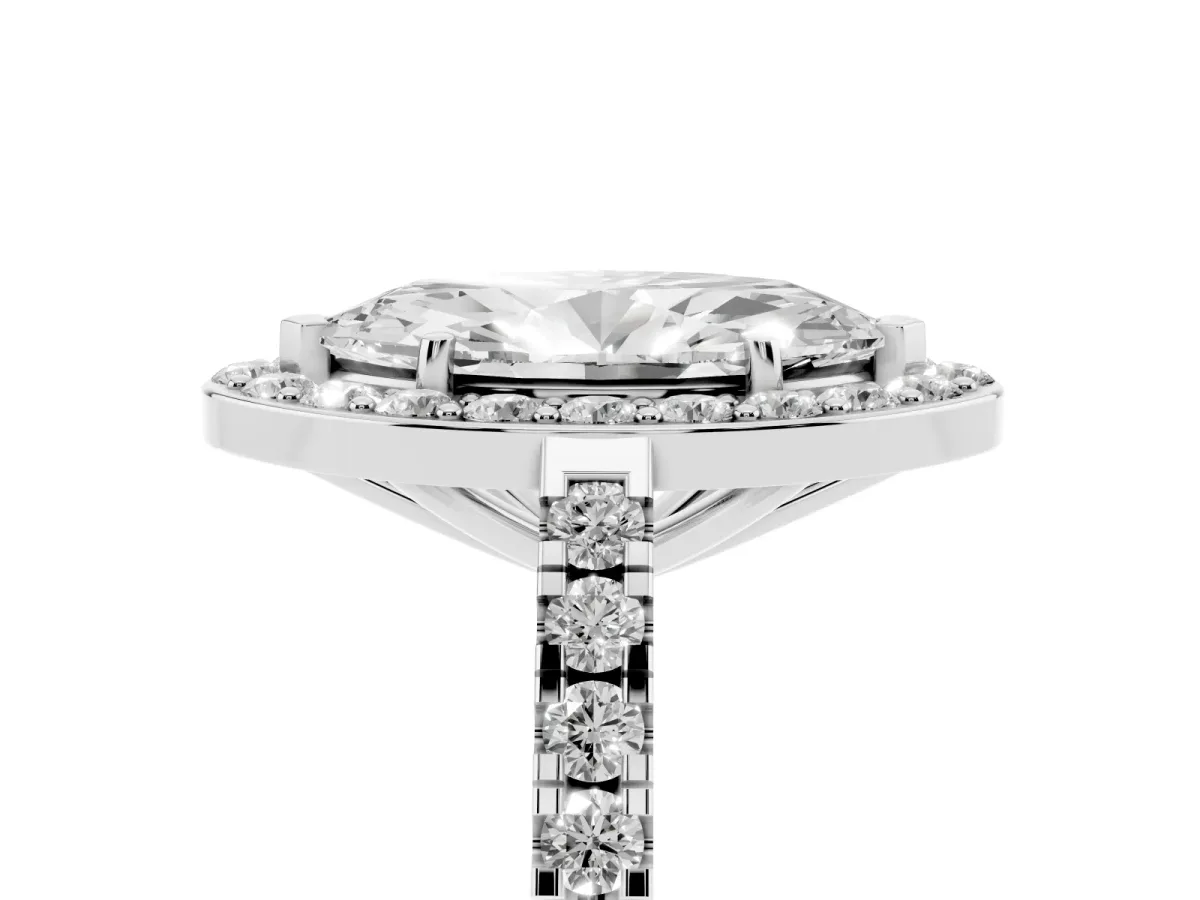 Marquise Cut Diamond Halo Ring with Round Pavé Split Shank and Prong Setting Silver