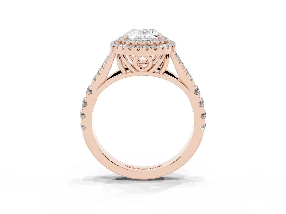 Oval Cut Diamond Pavé Split Shank Double Halo Engagement Ring Rose gold