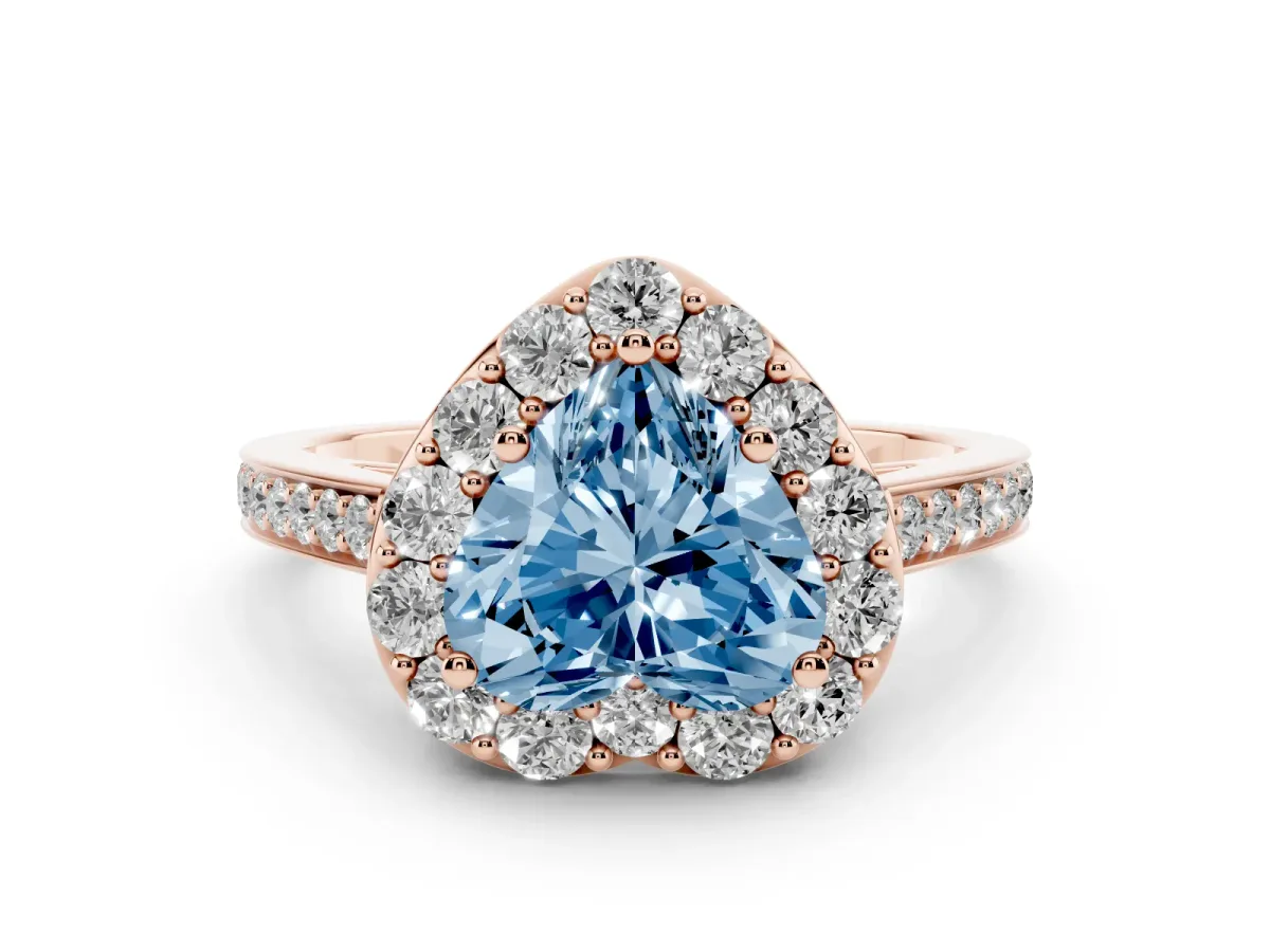 Fancy Blue Heart Cut Diamond Floral Halo Ring with Pavé Band and Prong Setting Rose gold