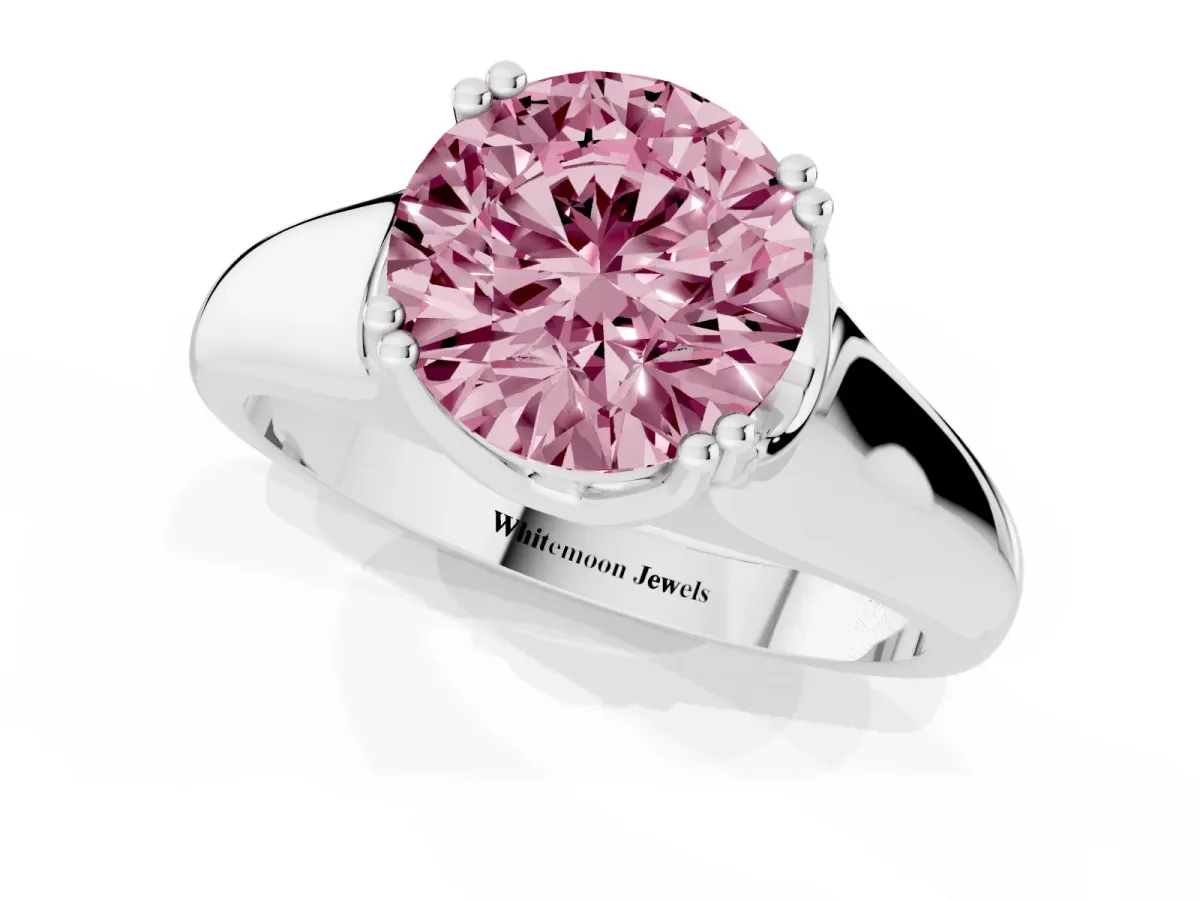 Fancy Pink Round Cut Diamond Solitaire Ring with Wide Band and Prong Setting Silver