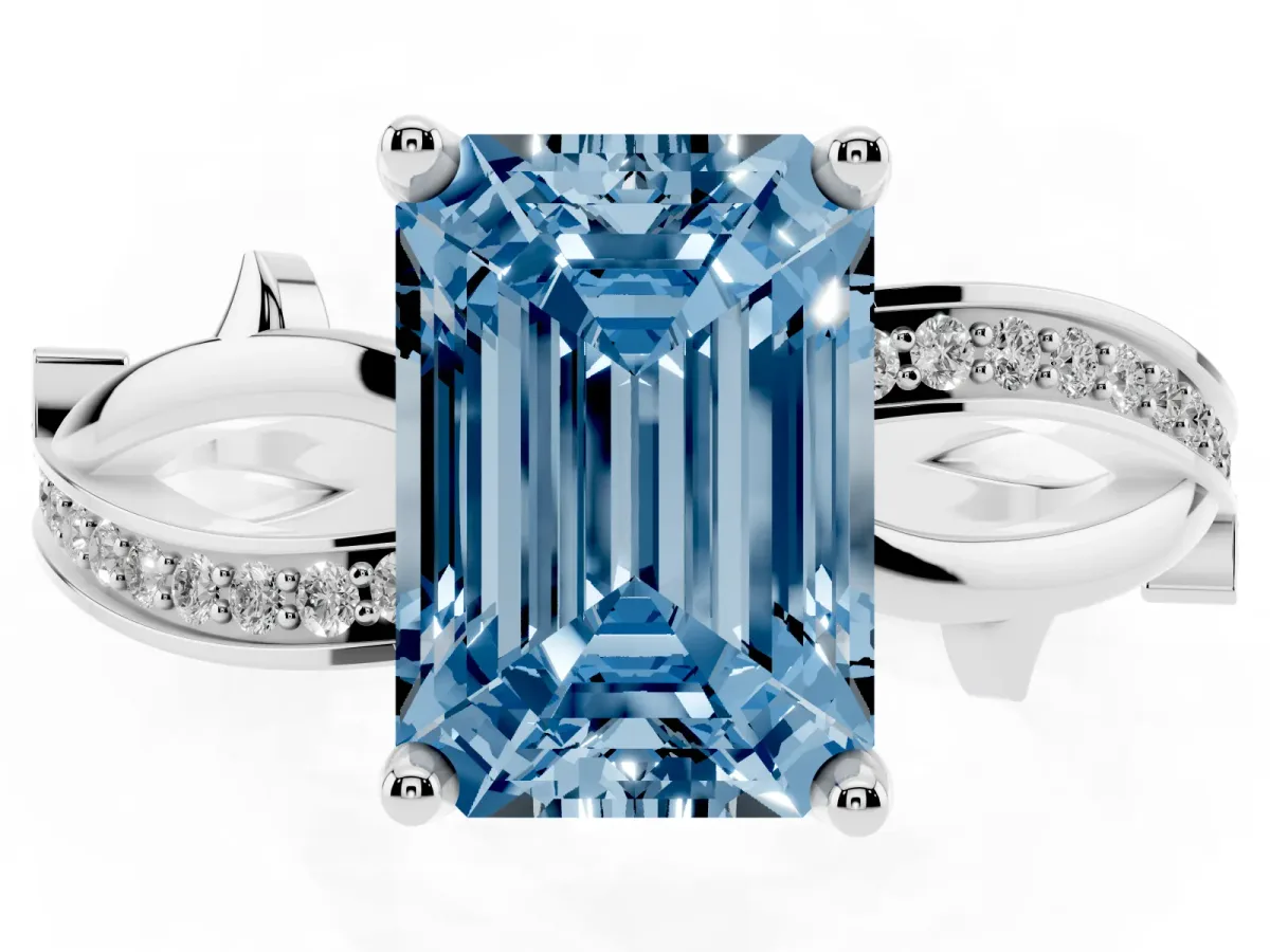 Fancy Blue Emerald Cut Solitaire Twist Band with Pavé Accents and Four-Prong Setting Platinum