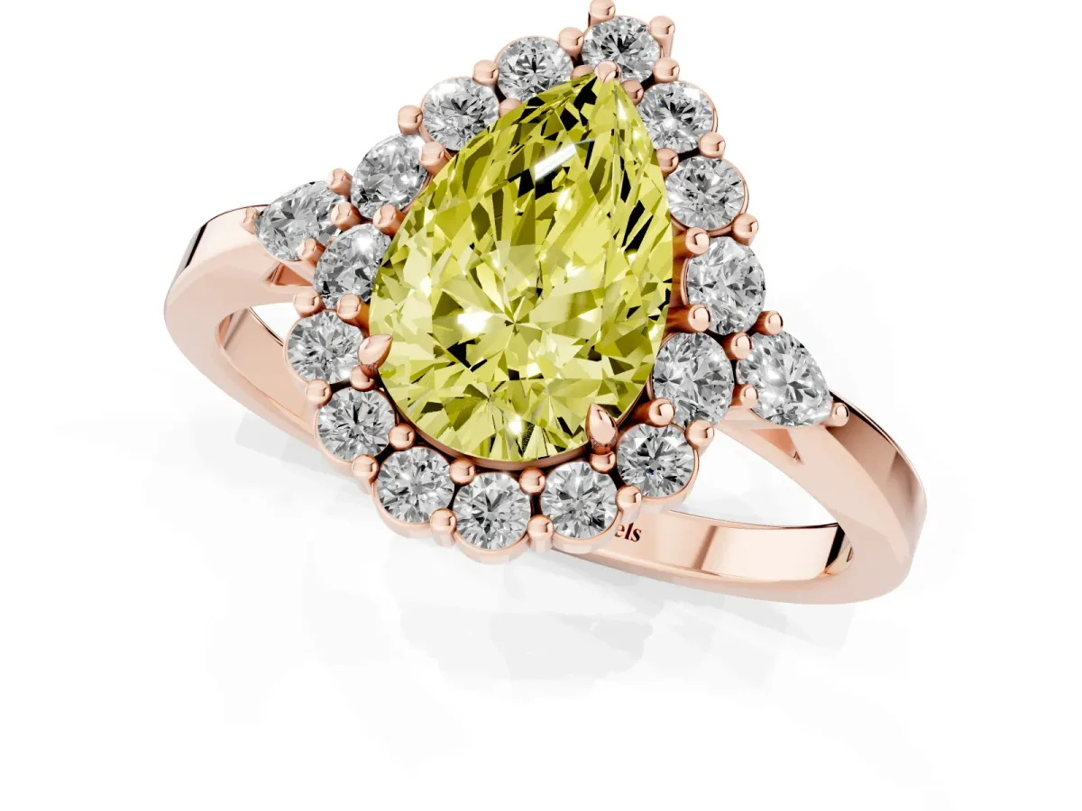 Fancy Yellow Pear Cut Diamond Halo Ring with Pear Side Stones and Prong Setting Rose gold