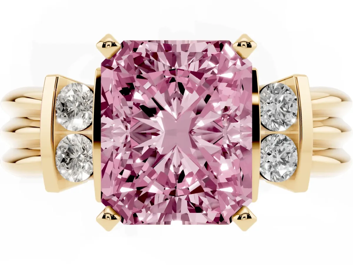 Fancy Pink Radiant Cut Cut Three-Stone Channel Set Ring with Bar Prongs Yellow gold