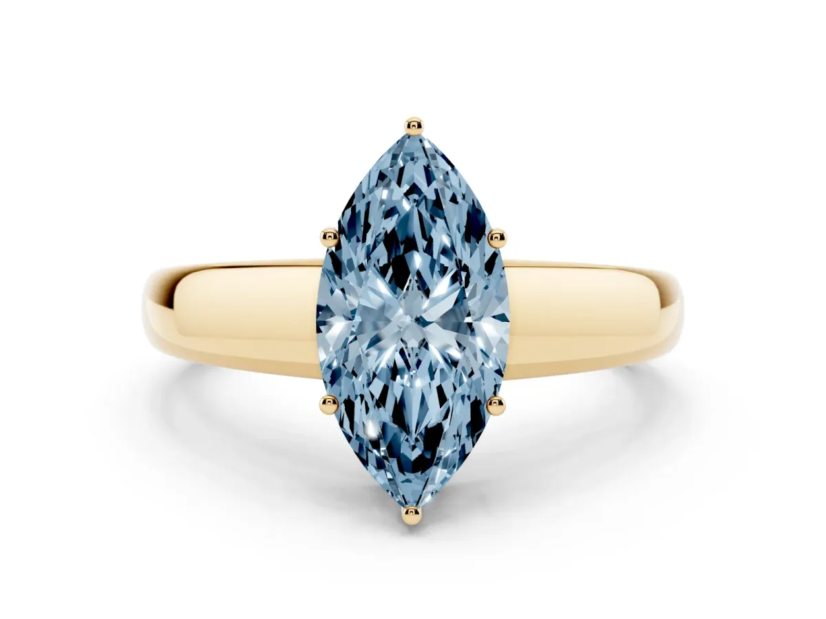 Fancy Blue Marquise Cut Solitaire Diamond Ring with Tapered Band and Four-Prong Setting Yellow gold