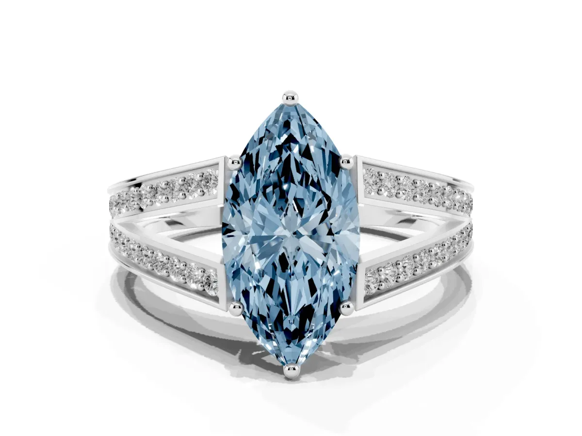 Fancy Blue Marquise Cut Diamond Split Shank Ring with Pavé Band and Four-Prong Setting Platinum
