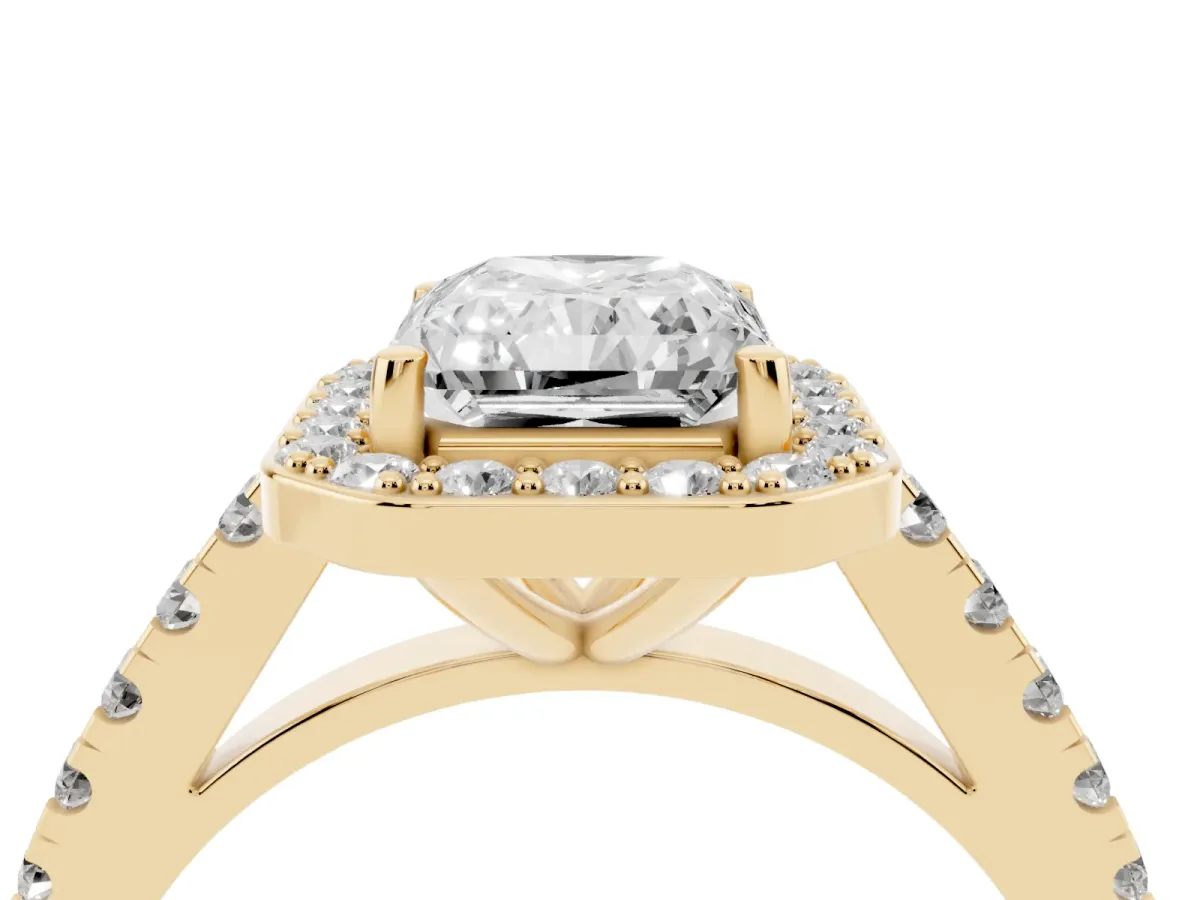 Radiant Cut Diamond Halo Ring with Round Pavé Split Shank and Prong Setting Yellow gold