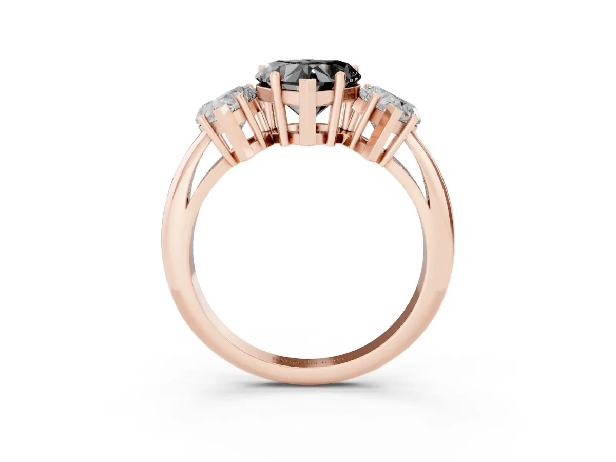 Fancy Black Three-Stone Heart Cut Cut Diamond Engagement Ring with Prong Setting on a White Gold Band Rose gold