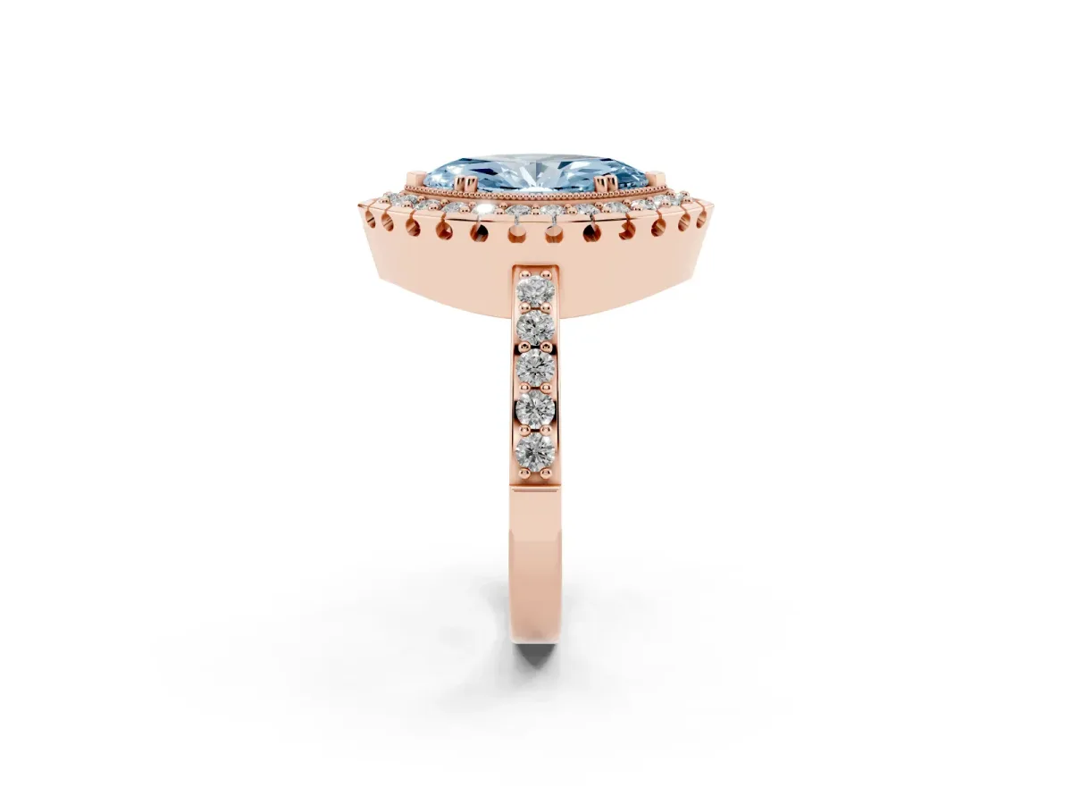 Fancy Blue Marquise Cut Diamond Halo Ring with Pavé Band and Prong Setting Rose gold