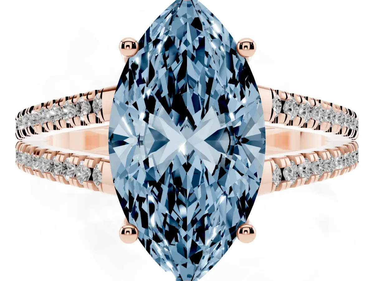 Fancy Blue Marquise Cut Diamond Solitaire Engagement Ring with Split Shank Pavé Band Rose gold