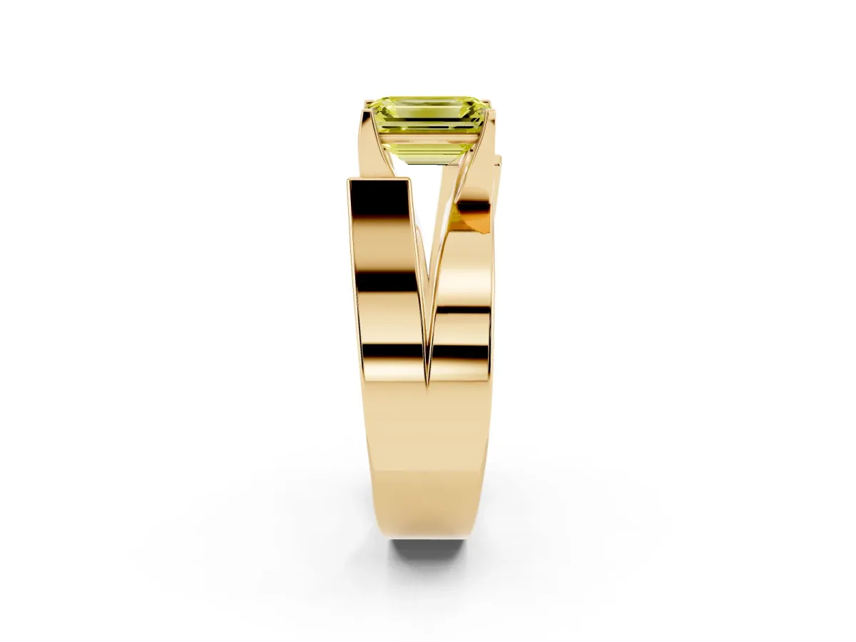 Fancy Yellow Modern Tension Set Emerald Cut Diamond Solitaire Wide Band Ring Yellow gold
