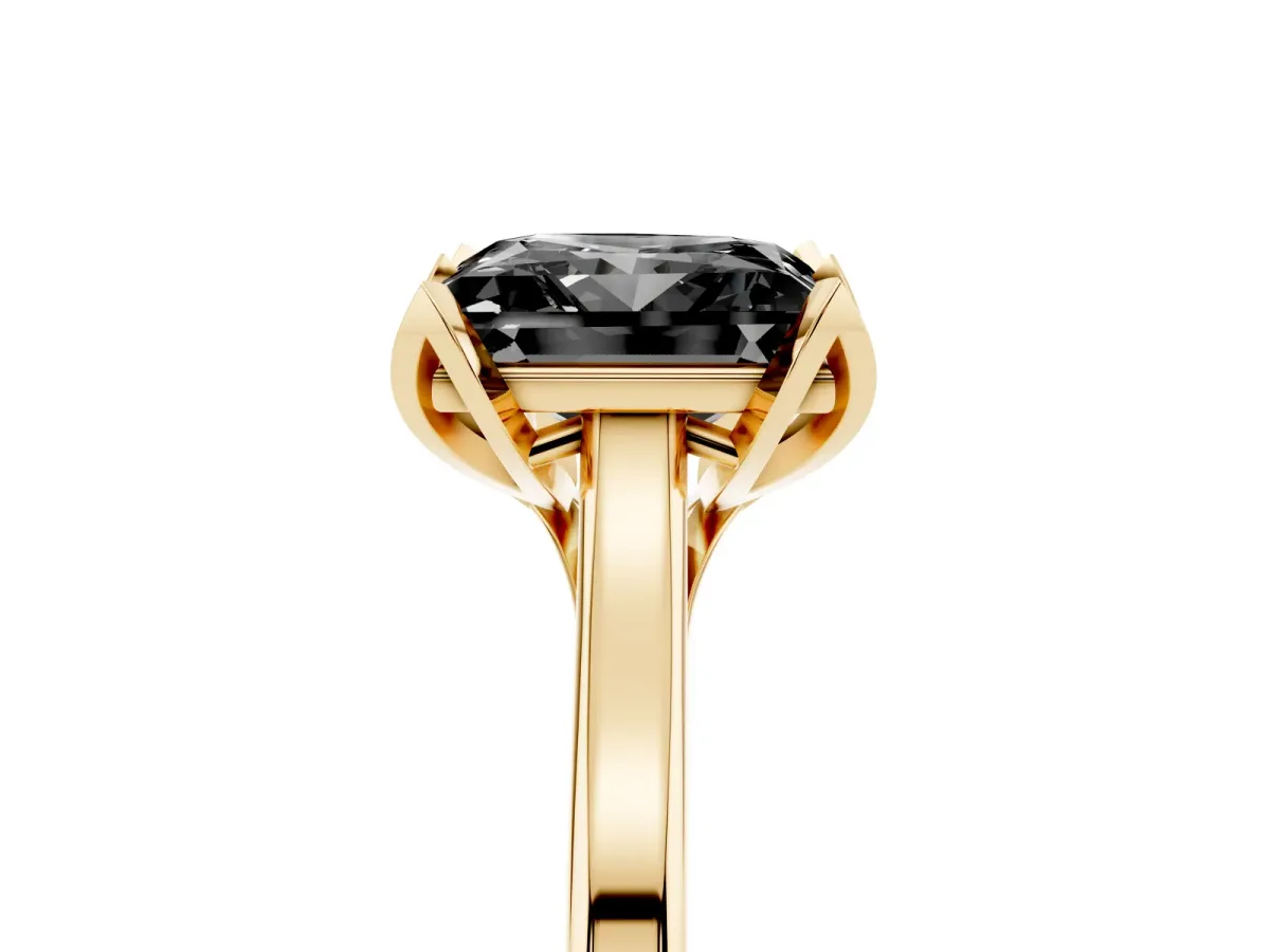 Fancy Black Princess Cut Diamond Solitaire Ring with Flower Prong Setting and Classic Band Yellow gold