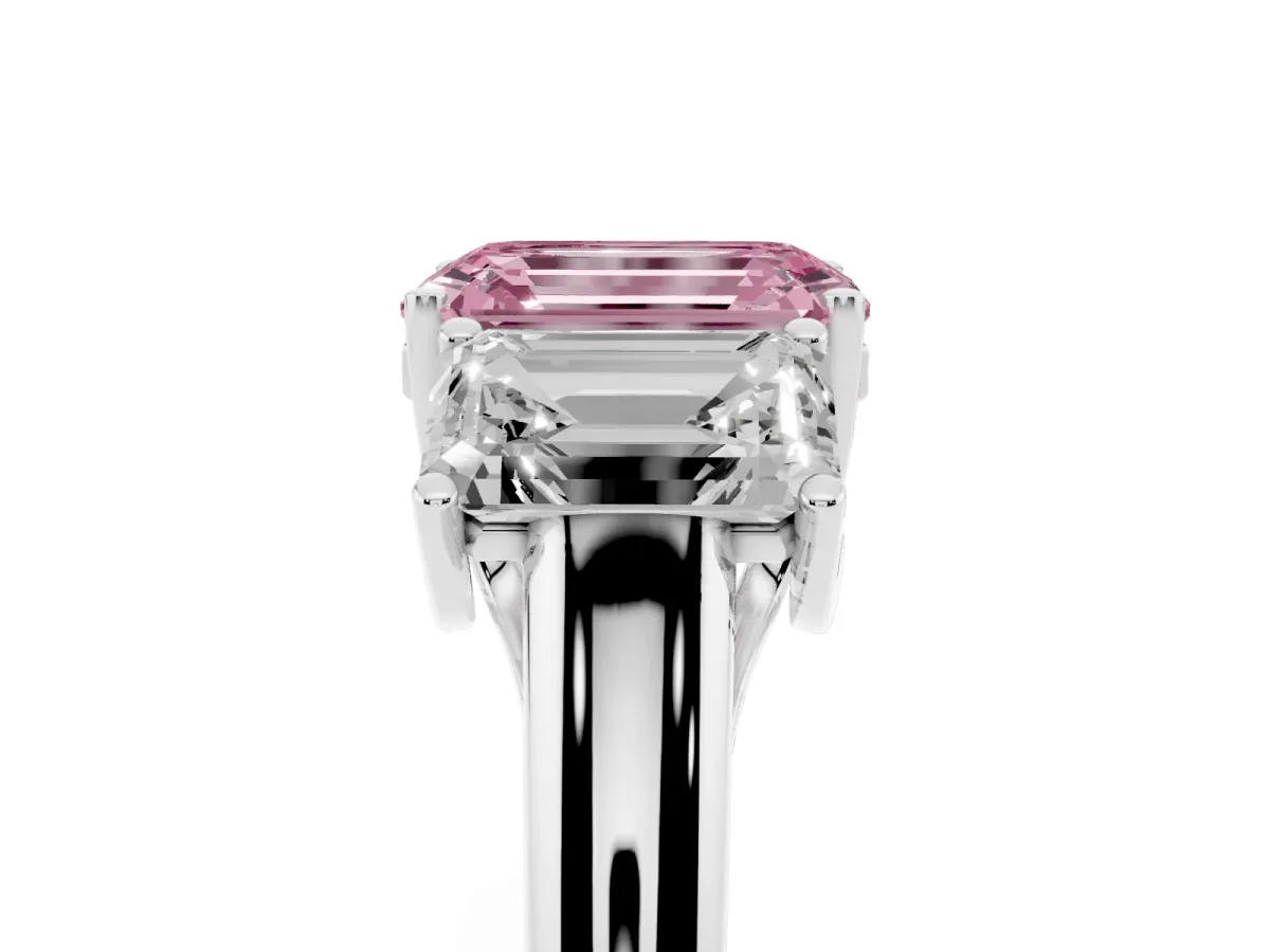 Fancy Pink Three-Stone Emerald Cut Diamond Engagement Ring with Prong Setting Platinum