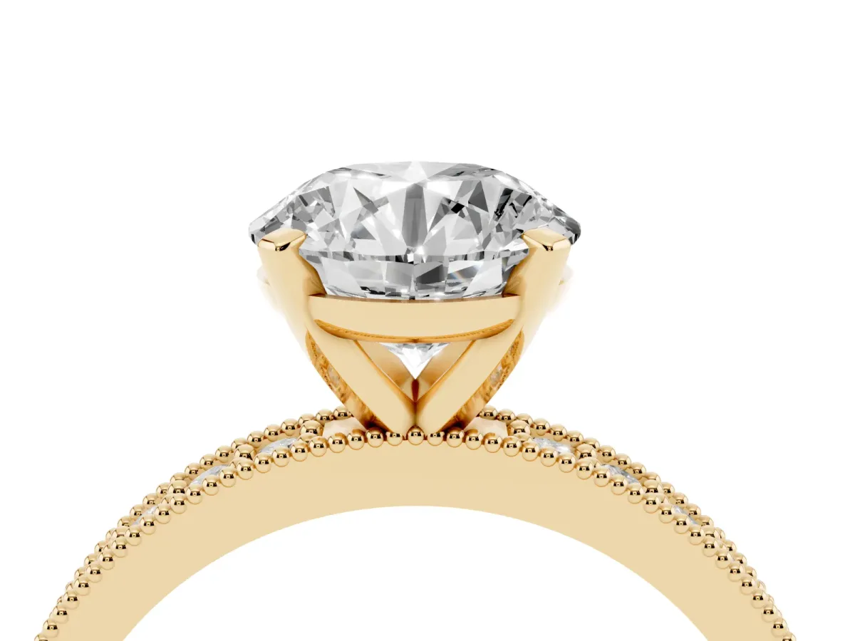 Round Cut Diamond Milgrain Pavé Engagement Ring with Four-Prong Setting Yellow gold