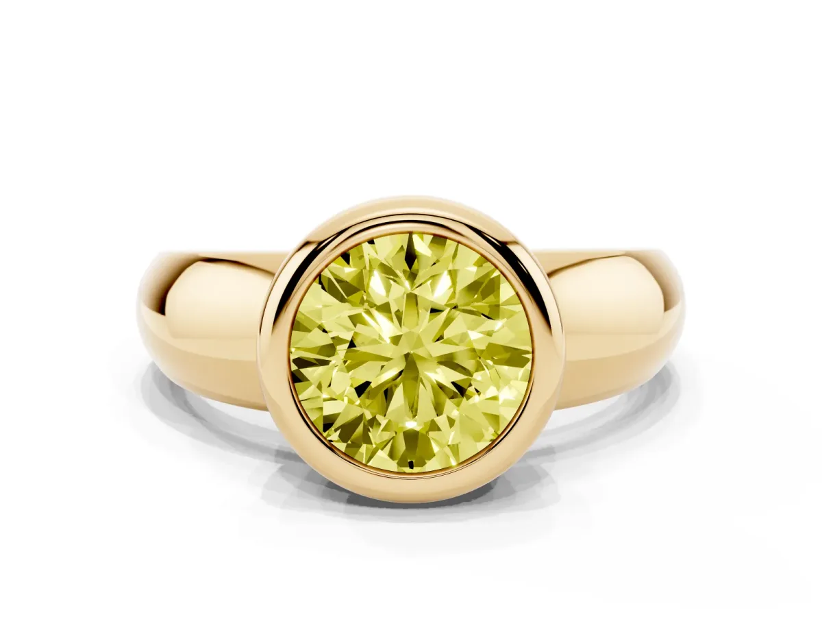 Fancy Yellow Bezel Set Round Cut Solitaire Ring with Wide Band Yellow gold