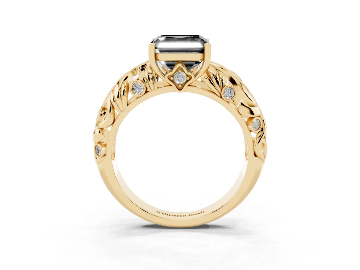 Fancy Black Asscher Cut Solitaire Diamond Leaf-Inspired Vine Band Ring with Prong Setting Yellow gold