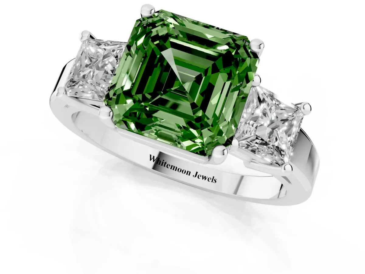 Fancy Green Three-Stone Asscher Cut Cut Solitaire Ring with Prong Setting Silver