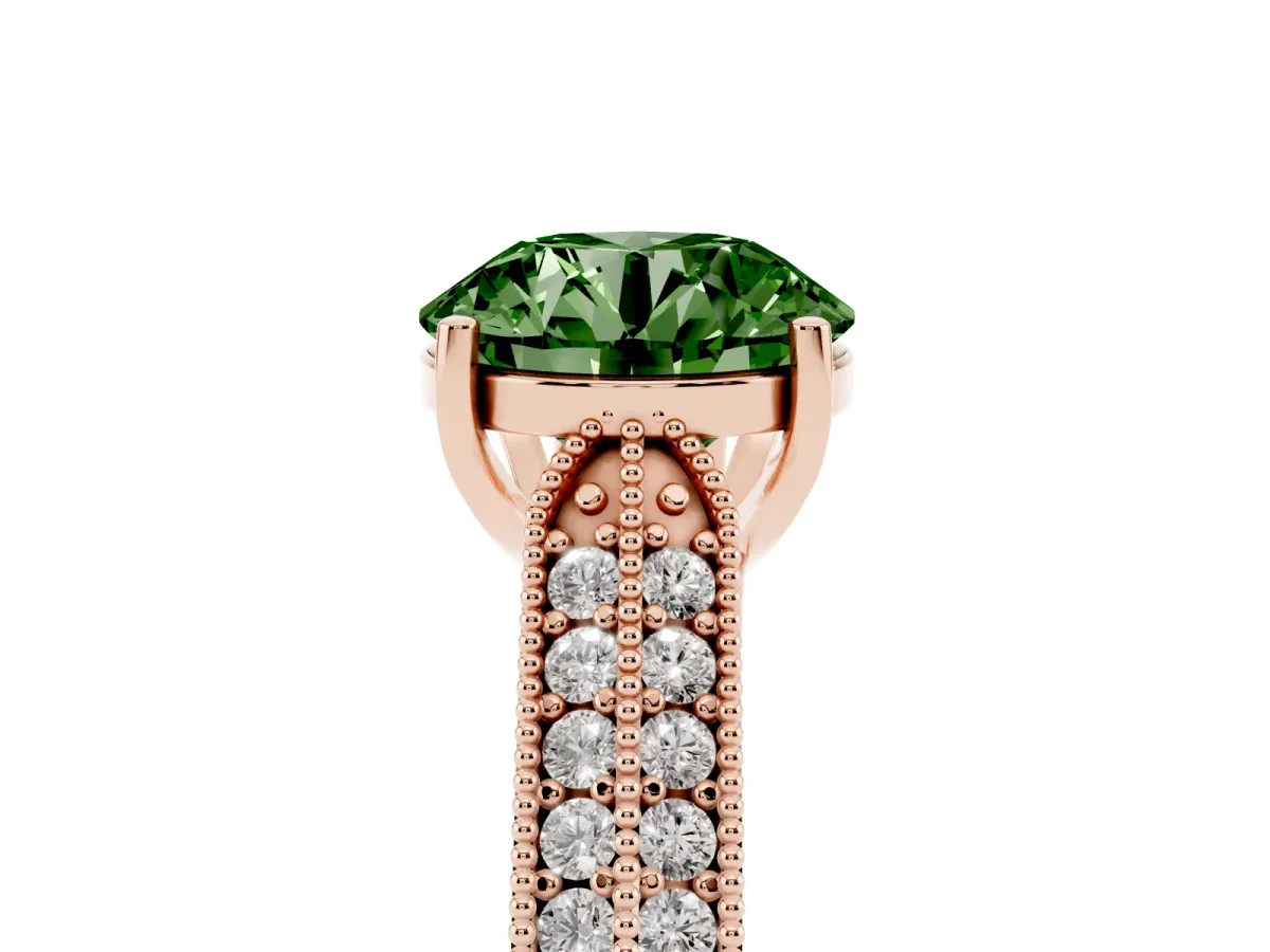 Fancy Green Round Cut Cut Pave Split Shank Engagement Ring with Four-Prong Setting Rose gold
