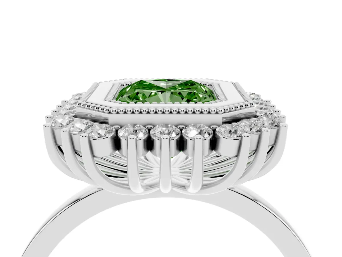 Fancy Green Radiant Cut Halo Diamond Ring with Milgrain Edge and Round Prong Setting Silver