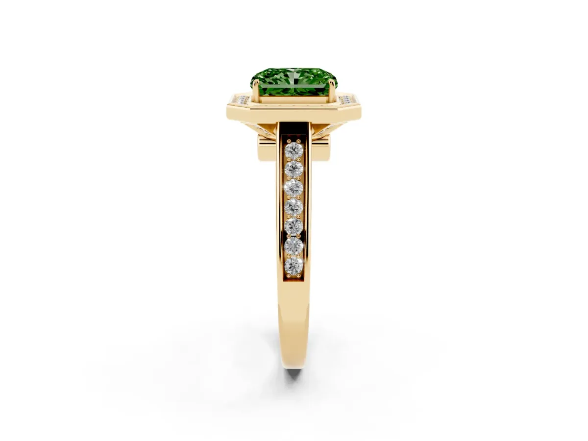Fancy Green Emerald Cut Halo Solitaire Diamond Ring with Pave Band and Bezel Setting Yellow gold