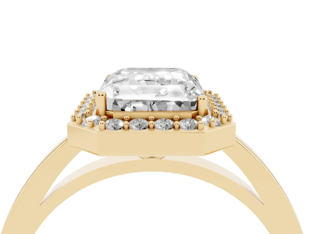 Radiant Cut Halo Diamond Ring with Solitaire Band and Prong Setting Yellow gold
