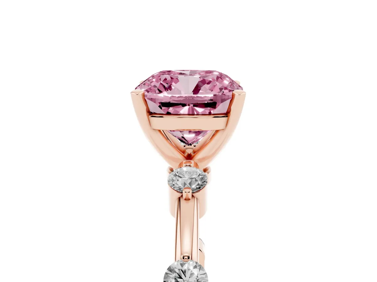 Fancy Pink Cushion Cut Solitaire Diamond Ring with Bezel Set Side Stones and Prong Setting Rose gold