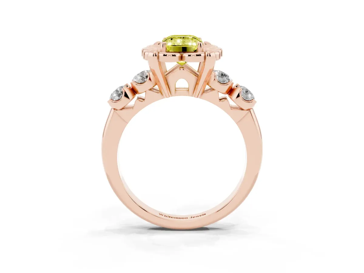 Fancy Yellow Emerald Cut Cut Diamond Floral Halo Engagement Ring with Shared Prong Setting Rose gold