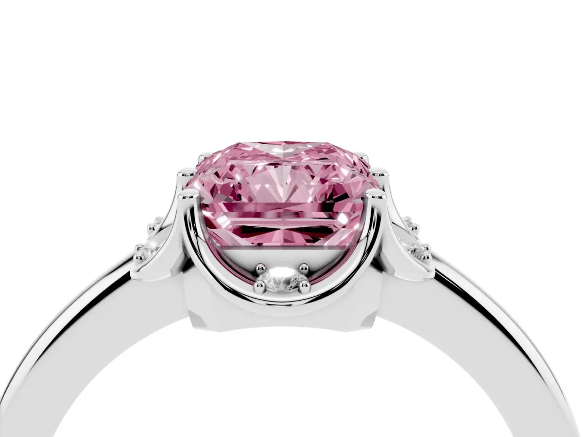 Fancy Pink Radiant Cut Halo Diamond Ring with Round Cluster Setting, Solitaire Band, and Four-Prong Setting White gold